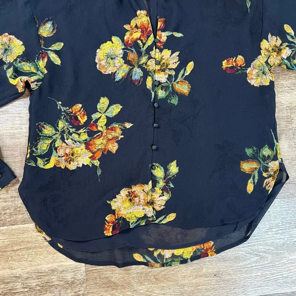 Pilcro Anthropologie Tavi Buttondown Blouse Floral Black Date Night Nice Sheer